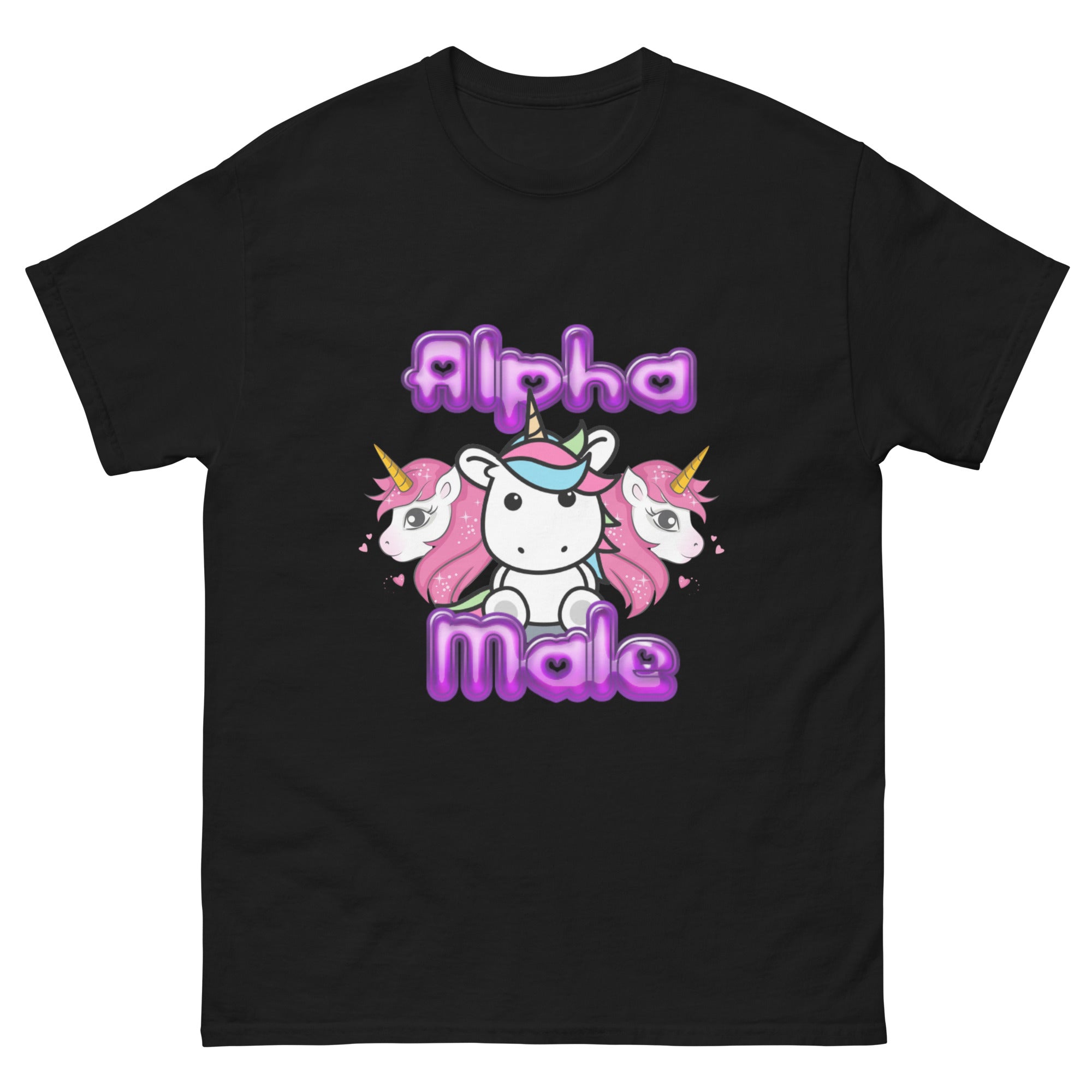 Alpha Male Unicorn ironic funny shirt three pink unicorns black front